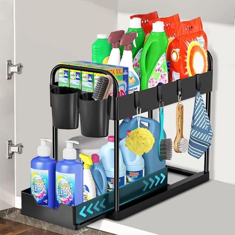 Étagère sous Évier à 2 Niveaux, Organiseur de Cuisine avec 4 Crochets et 2 Gobelet Suspendu, Rangement Placard Organisation Salle de Bain Tiroir, Noir