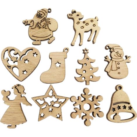 Lot de 200 Pendentifs en Bois Naturel pour Décoration de Noël, Forme Cartoon Créative, Technique de Découpe Superbe, Décor Suspendu pour Fêtes et Voiture Style Plusieurs Styles (1/5)
