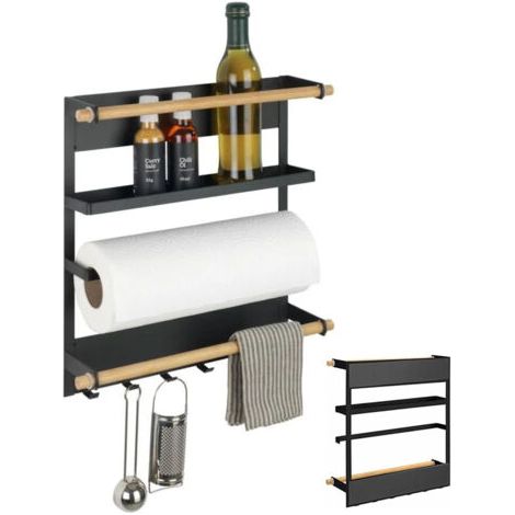 Étagère à épice magnétique réfrigérateur – Dérouleur sopalin métal noir – Crochets pour ustensiles de cuisine – Dimensions 27.5 x 34 x 6 cm