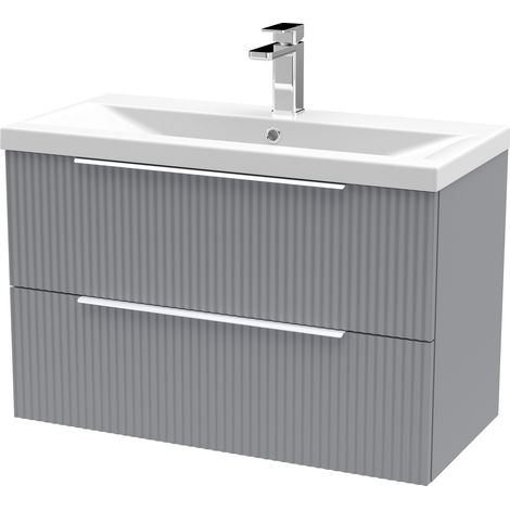 Fluted Front Wall Hung 2-Drawer Bathroom Vanity Unit with 1 Tap Hole Basin, 800mm, Satin Grey, Chrome Handles
