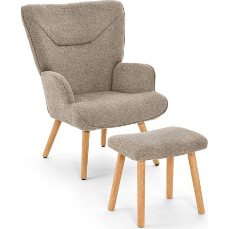 GOEURVANT - Ergonomic Armchair with Footstool - Sand - Textured Fabric - High Wingback Design & Wooden Legs