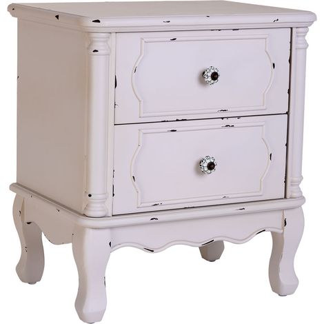 Mesita de madera blanco envejecido de 2 cajones 50x36x55h cm (1/5)