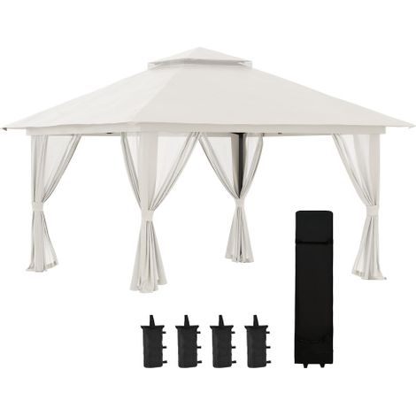 Tenda pieghevole 4x4m con 4 porte in rete, altezza regolabile, protezione UV, doppio tetto, borsa di trasporto inclusa, color crema, ideale per giardino e eventi.