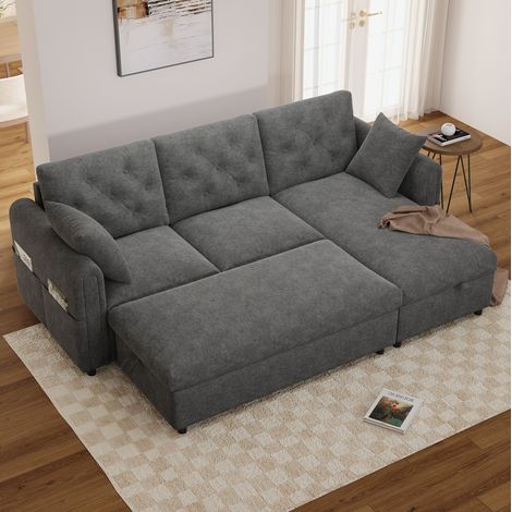 Sofá esquinero (219x131x86 cm), con chaise longue y puf con almacenaje, respaldo acolchado, terciopelo gris (1/5)