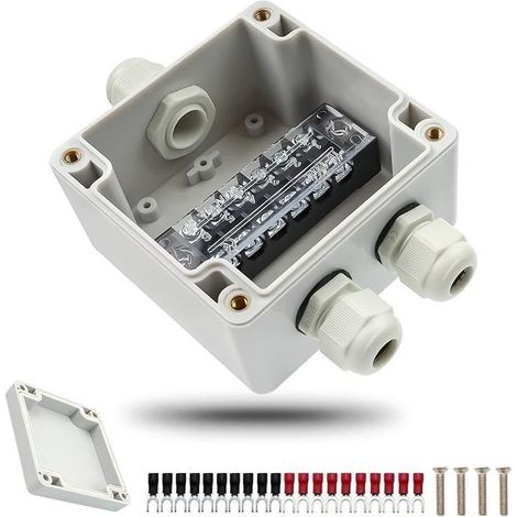 Boîte de jonction étanche IP66, fiche de câble blanche à 3 pôles avec bornier à vis et borne en Y pressée à froid, boîtier extérieur PG9 pour câble de diamètre 4-8 mm (82 x 80 x 56 mm) (1/5)