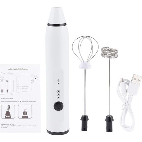 Mousseur à Lait électrique, Mousseur à Lait Rechargeable Mélangeur à café électrique Batteur à Oeufs portatif Outils de Cuisine ménagers (White) (1/5)