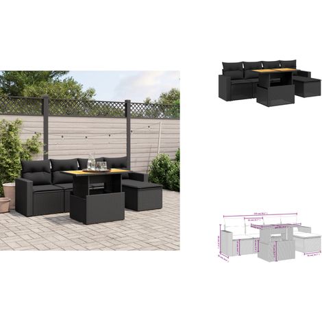 Salon de jardin 6 pcs avec coussins noir résine tressée - Ensemble Salon De Jardin - Meuble Extérieur - Résine Tressée - Rotin Synthétique - Table Extensible (1/3)