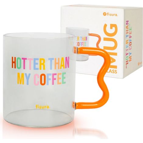 Tasse à café en verre avec message « hotter ». Tasse en borosilicate avec poignée originale orange. Gobelet en verre pour thé ou café. Capacité de 410 ml. (1/5)