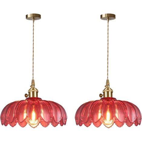 2x Lustre Suspension en Verre Rouge,Moderne Lampe de Plafond Vintage Abat-jour en Fleur avec Interrupteur ligne 1.5m Reglable (1/5)