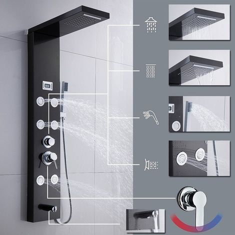 Panneau de douche avec 7 fonctions, avec robinet, 6 jets de massage, douche à effet pluie, affichage de la température, colonne de douche, système de douche, ensemble de douche en acier inoxydable