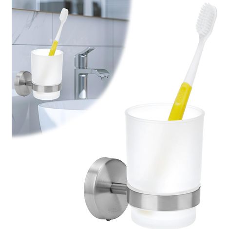 Porte-brosse à dents mural en inox avec gobelet pour bain de bouche. (1/5)