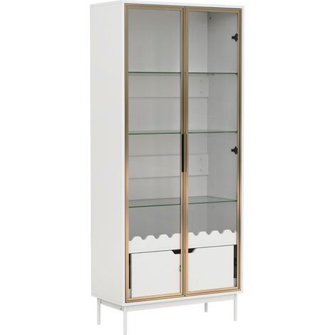 Armoire haute à porte vitrée avec étagères réglables et grande tiroir, décor ondulé, piétement métallique (1/5)