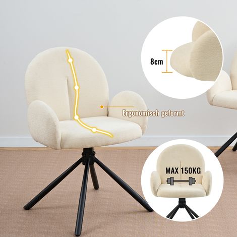 Lot de 2 fauteuils de salle à manger pivotants, chaises rembourrées effet velours, pieds en métal, pour salon, bureau, blanc crème (1/5)