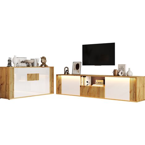 Set soggiorno 2 pezzi con mobile TV e credenza, MDF e truciolare, bianco e effetto legno (1/5)