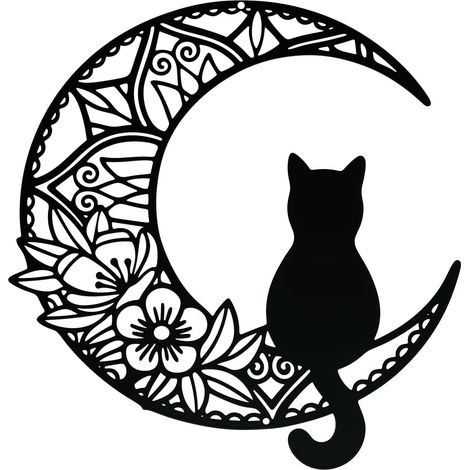 Lntyq 1 décoration murale en métal - Motif chat et lune - Décoration de jardin - Pour la maison, l'intérieur et l'extérieur - Noir