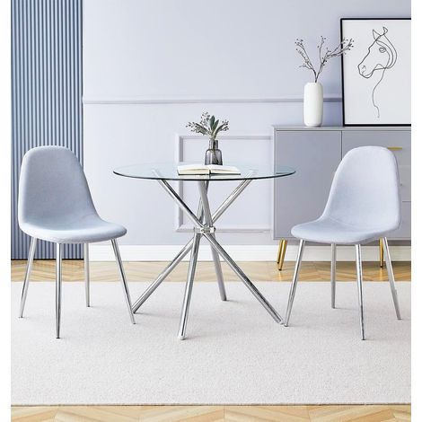 Hallowood Furniture Cullompton Small Dining Table and 2 Chairs, Round Glass Dining Set for 2, 90cm Table with Grey Fabric Chairs, Set for Kitchen, Home and Cafe