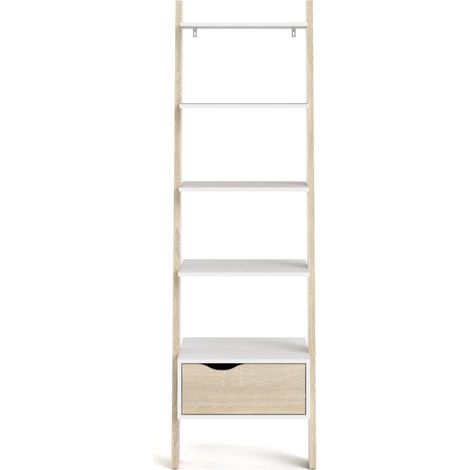 CALICOSY - Bibliothèque 4 étagères, 1 tiroir blanc et décor chêne H180,4 cm - BILLUND (1/5)