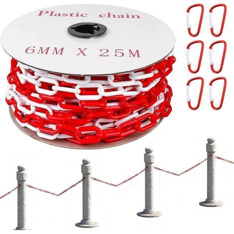 Chaîne de signalisation de 25 m, 6 mm, en plastique rouge et blanc, avec 6 mousquetons, chaîne en plastique, chaîne de sécurité de chantier, chaîne à maillons pour la sécurité (1/5)