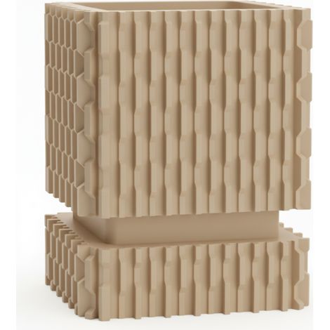Vaso da fiori moderno beige con fori di drenaggio e coperchio geometrico.