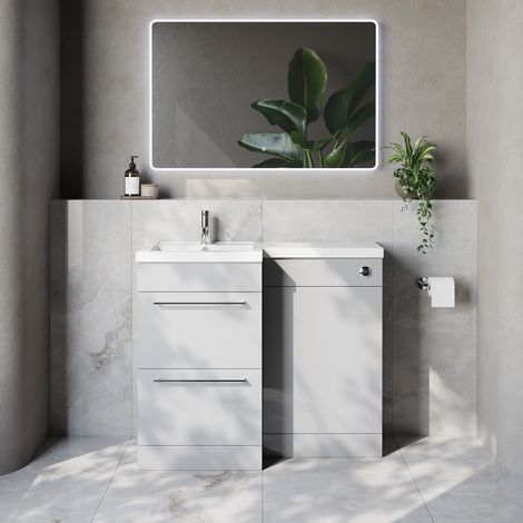 Napoli 390 Gloss Grey Pearl 1000mm 2 Drawer Vanity Unit Toilet Suite with Left Hand Square Lucia Basin - 1000mm - Chrome 320mm HandleWithout Kingston Toilet Pan