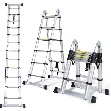 Randaco Échelle télescopique Aluminium 1,9m+1,9m Argent sans crochet Avec stabilisateur Avec roues charge max. 150 kg