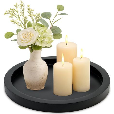 Plateau décoratif rond pour table basse, table à manger, comptoir, petit plateau de service en bois, ferme, cuisine, maison, salon et salle de bain, plateau noir rustique pour centre de table (1/5)