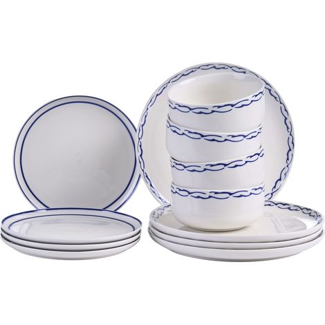 Dinnerware Set White and Blue Porcelain 12 Elements Glazed Finish Decorative Rim For 4 People Handmade Dining Room Kitchen AMCHUR