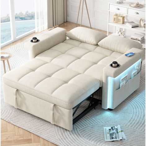 Divano letto 2 posti in tessuto beige con schienale regolabile, LED, prese USB e Type-C, portabicchieri e tasche laterali, ideale per soggiorno e ospiti  FLORAGRACE (1/5)