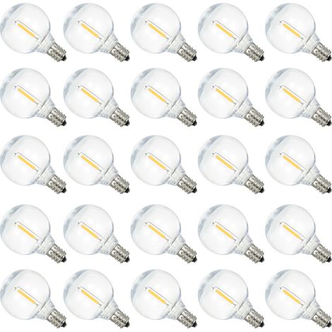 Bombillas LED C110V G40 (paquete de 25) con base E12, resistentes al agua IP44, luz blanca cálida, ideales para guirnaldas de luces, decoración del hogar, fiestas, bodas, etc. Portátiles. (1/5)