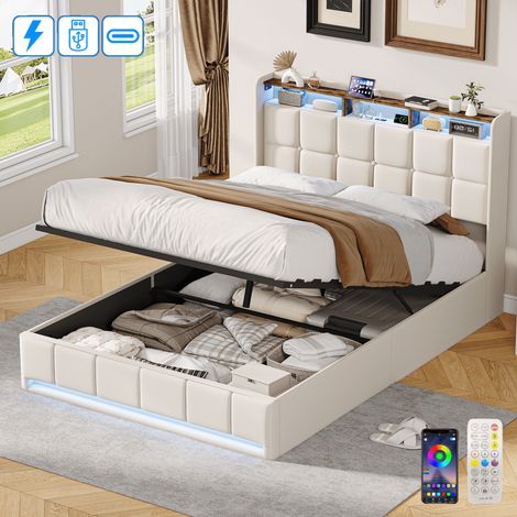 Lit coffre 160x200 cm avec rangement, Tête de lit capitonné avec éclairage LED et ports USB, Sommier à lattes, Tissu en lin, Beige (1/5)