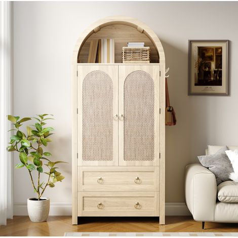 Sideboard aus MDF in Eiche mit Rattangeflecht-Optik, 80 x 40 x 180 cm, 2 Schubladen, verstellbare Einlegeböden (1/5)