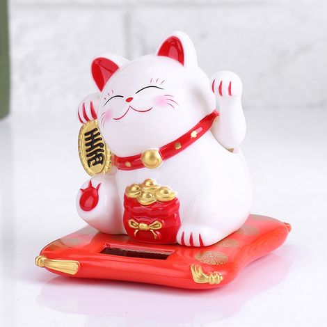 Chat porte-bonheur blanc solaire qui fait signe, décor voiture et maison, chat accueillant la richesse, figurine mignonne (1/5)