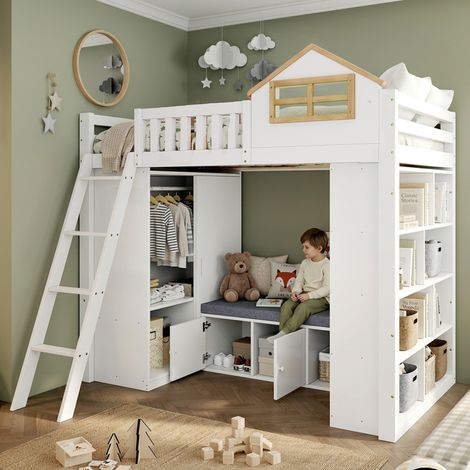 Lit mezzanine enfant 90x200 cm design maison avec armoire, étagères ouvertes et banquette avec rangement, Bois Blanc et Naturel (1/5)