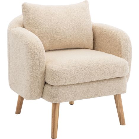 Sofá individual beige moderno y sencillo, sillón con cojines extra gruesos, con estructura de madera maciza y patas de madera maciza, soporta 150 kg, ideal para estudio, sala de estar y dormitorio. (1/5)