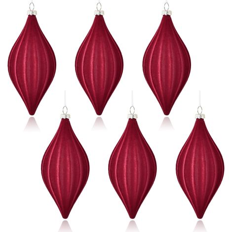 6 rote, kegelförmige, beflockte Kunststoff-Weihnachtskugeln zum Aufhängen als Weihnachtsbaumschmuck für die Festtage (1/2)