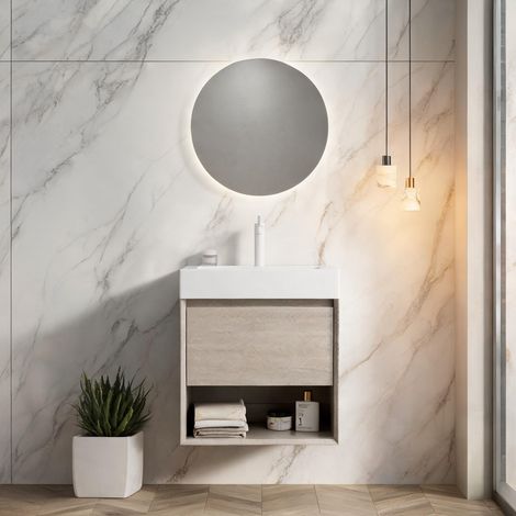 Meuble sous vasque suspendu 55 cm avec vasque en résine blanche (1/5)