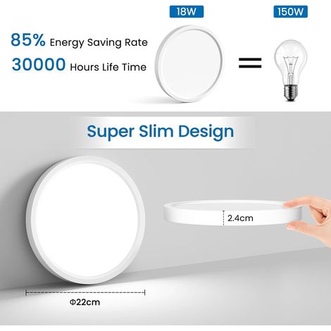 Plafonnier LED 18W, Luminaire Étanche IP44 Rond 22.5cm Pour Chambre à Coucher Salle De Bain (1/5)