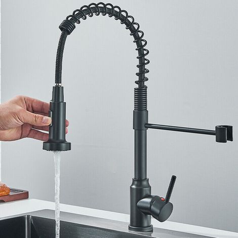 Black Kitchen Tap,Spring Kitchen Sink Mixer Tap with Pull Out Spray,Single Lever Sink Taps for Kitchen with 2-Mode Spray 360°Swivel,Hot & Cold Available (1/5)