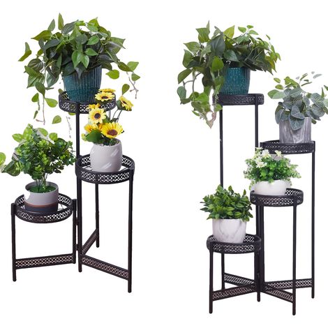 Soporte para plantas, 4 niveles, diseño metálico plegable, negro-a, 4 niveles (1/2)