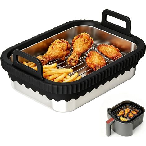 Plat à four en verre pour friteuse à air chaud AF400EU/SL400EU/AF500EU/, accessoire en verre sans BPA, anneau en silicone amovible, couvercle et grille à gâteau (noir) (1/5)