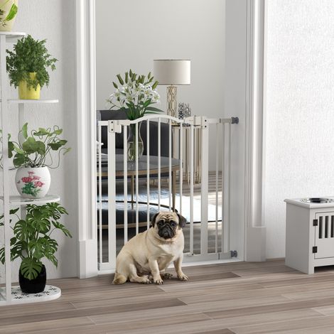 Barrière extensible pour chien avec 2 verrous et fermeture automatique, en métal et plastique, 74-87 x 78 cm, blanche (1/5)