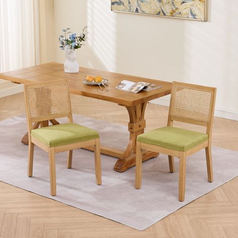 Lot de 2 chaises de salle à manger,dossier cannage façon rotin,assise rembourrée en lin vert olive,structure bois d’hévéa,56x48x86.5cm (1/5)