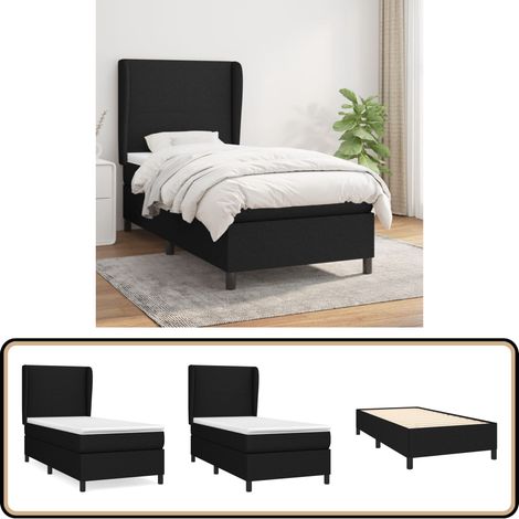 Sommier à lattes de lit avec matelas Noir 90x200 cm Tissu - Lit Double - Lit Tapissier - Literie - Matelas À Ressorts Ensachés - Têtière Ajustable