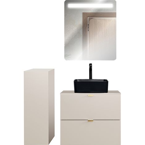 Badmöbel Set 3-teilig mit 60 cm Waschtisch & LED-Spiegel, in Beige - DURANGO-56 (1/5)