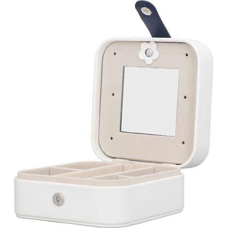 Boîte à bijoux blanche avec compartiments, pratique et portable pour voyages, rangement d'oreilles et bagues, design simple et fonctionnel. (1/5)