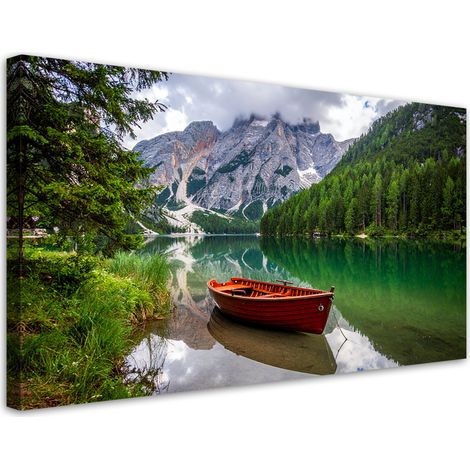 Stampe su Tela, Lago barca montagne paesaggio, 80x40 (1/5)
