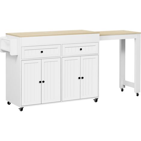 Îlot de cuisine mobile avec table extensible et tiroirs, MDF blanc et naturel, 112-180.5×45×92.2 cm (1/5)