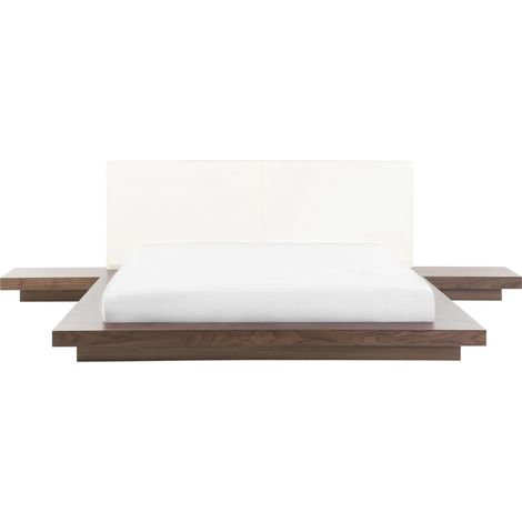 Cama moderna 160 x 200 cm con plataforma mesitas de noche cabecero de piel sintética MDF madera de fresno marrón Zen