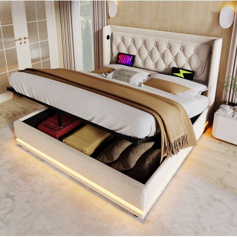 Letto con contenitore imbottito in cotone beige 140x200 cm con USB, USB-C, LED e rete a doghe (1/5)
