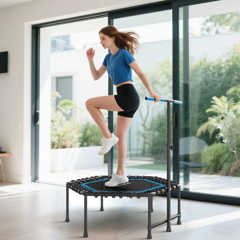 Trampoline fitness 114 cm cordes élastiques poignée réglable 3 positions silencieux bleu. Saut silencieux pour un entraînement cardio discret et efficace à domicile. (1/5)